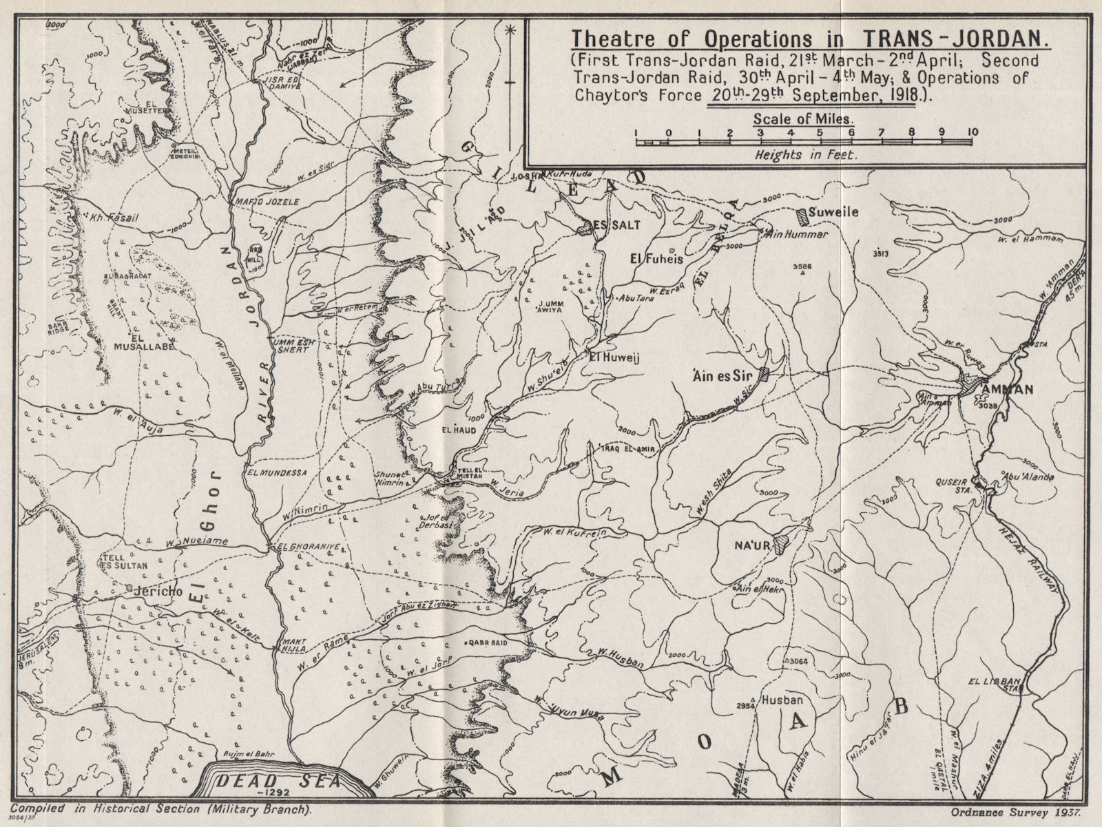 FIRST WORLD WAR. Operations in Trans-Jordan 1918. Chaytor 1937 old vintage map